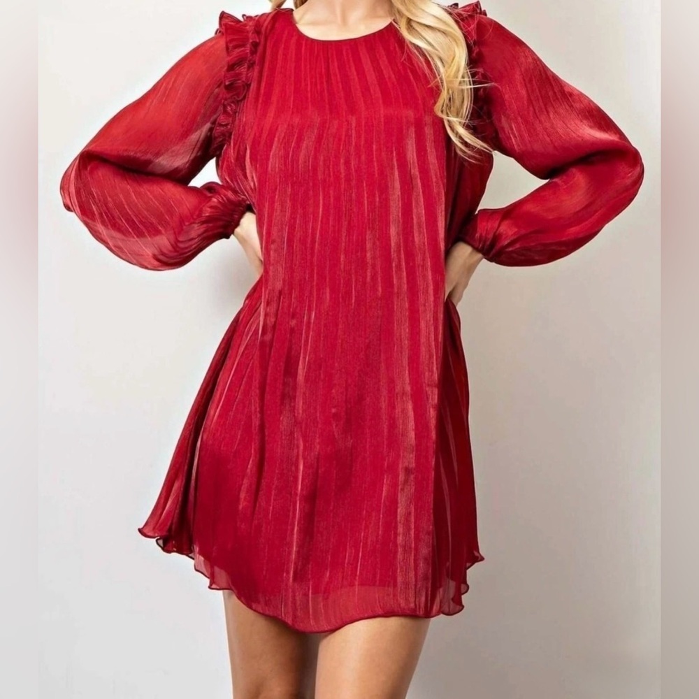 Glam Ava Long Sleeve Pleated Shift Mini Dress Burgundy Flowy Women’s Size S